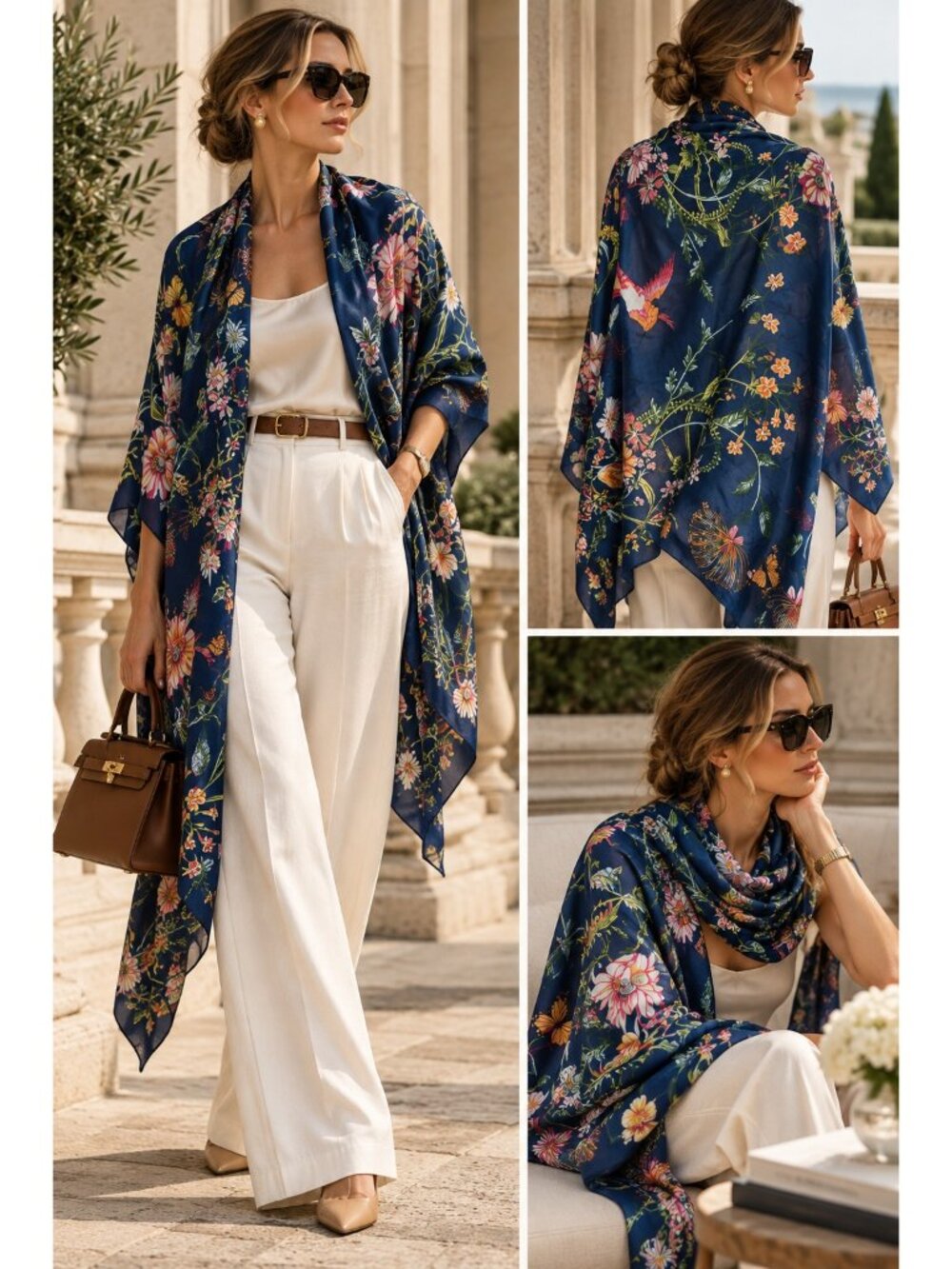 100% Silk Navy Floral Bird Butterfly Botanical Oversized Scarf Wrap Shawl 63x35
